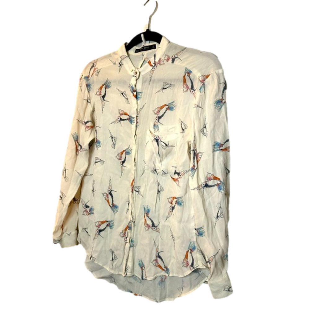 Womens watercolor hummingbird button down shirt size xs Zara Basic Collection